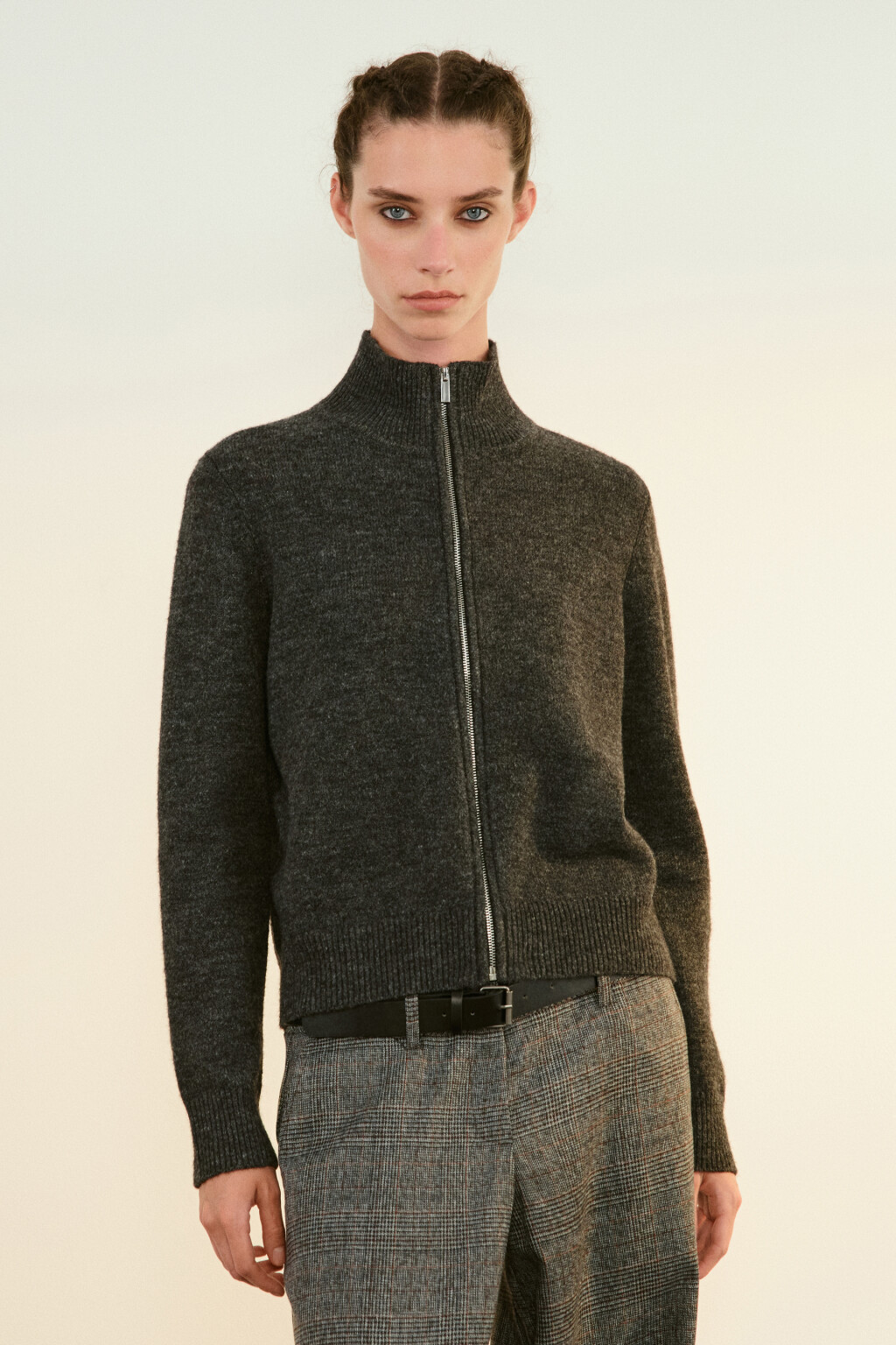 Кардиган на молнии с воротником-стойкой - цвет серый - 2