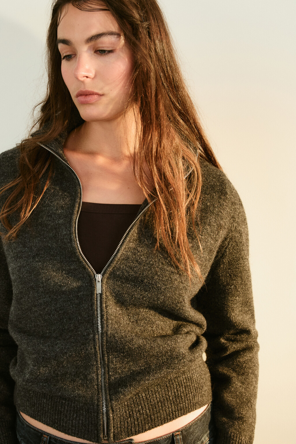 Кардиган на молнии с воротником-стойкой - цвет серый - 1