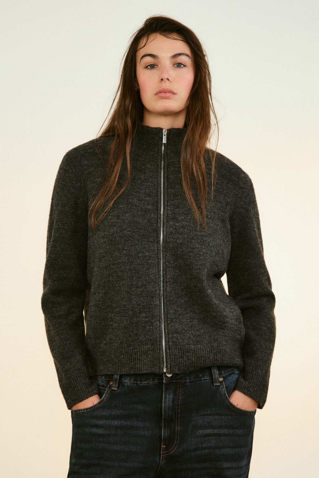 Кардиган на молнии с воротником-стойкой - цвет серый - 2
