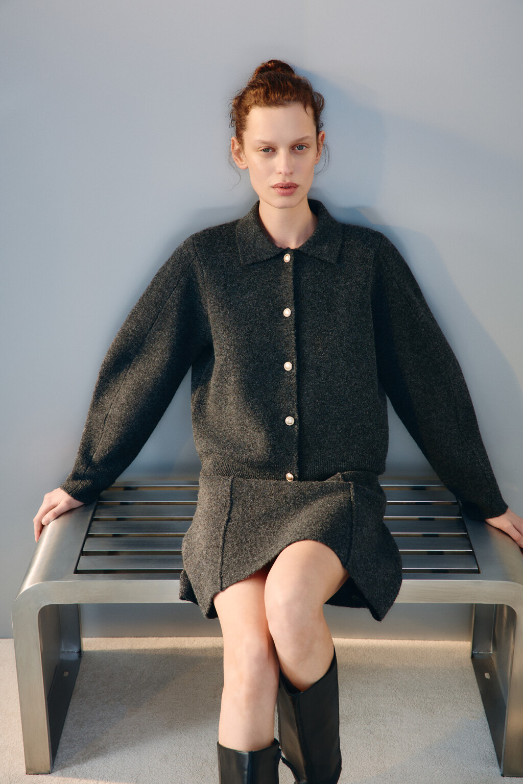 Кардиган с отложным воротником - цвет серый - 1