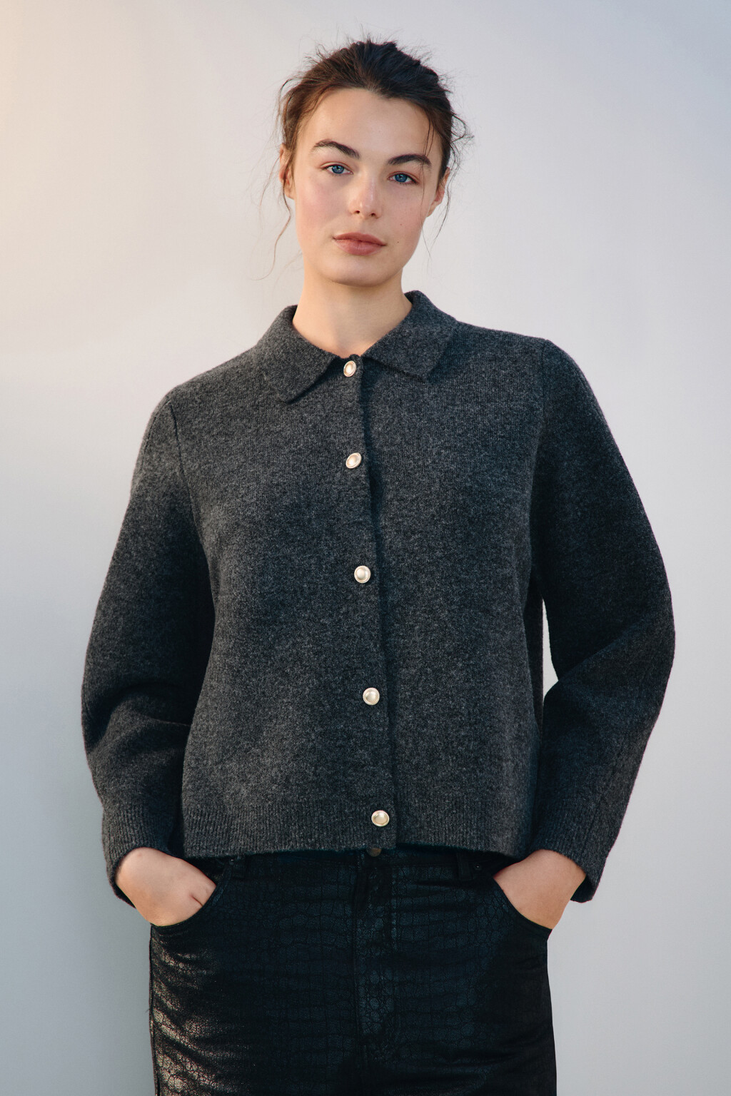 Кардиган с отложным воротником - цвет серый - 3