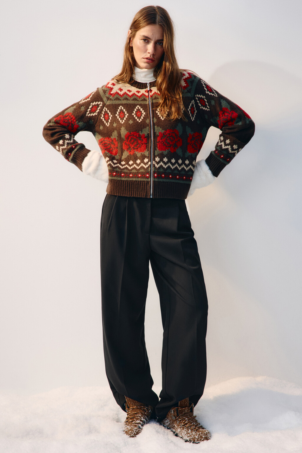 Кардиган на молнии вязаный с узором - цвет белый - 2