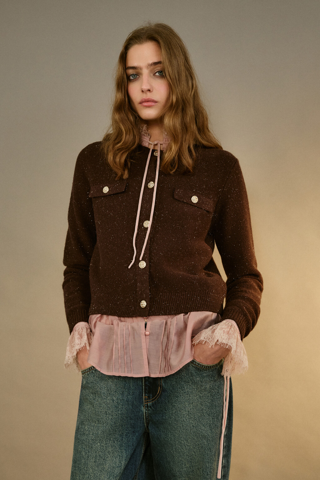 Кардиган-жакет с люрексом - цвет коричневый - 1