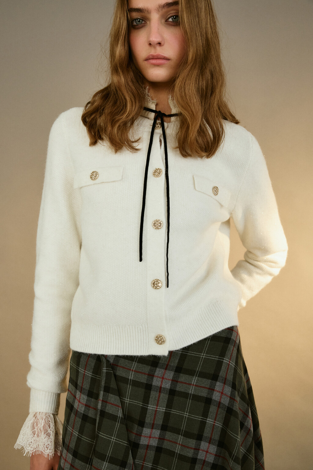 Кардиган-жакет с люрексом - цвет молочный - 1