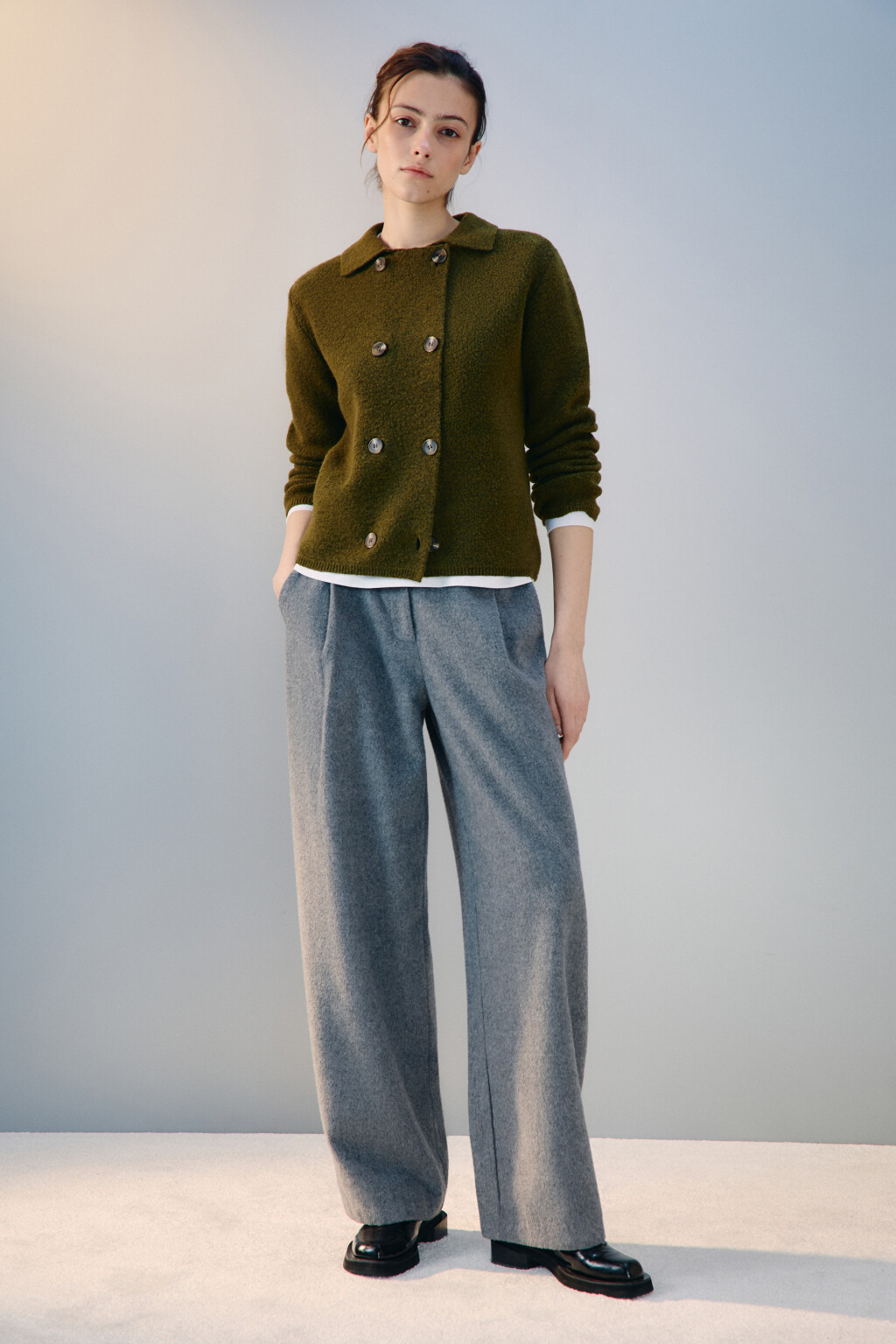 Кардиган-жакет двубортный с шерстью - цвет зеленый - 4