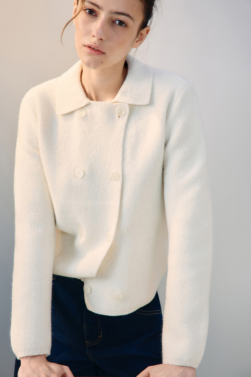 Кардиган-жакет двубортный с шерстью - цвет молочный - 1
