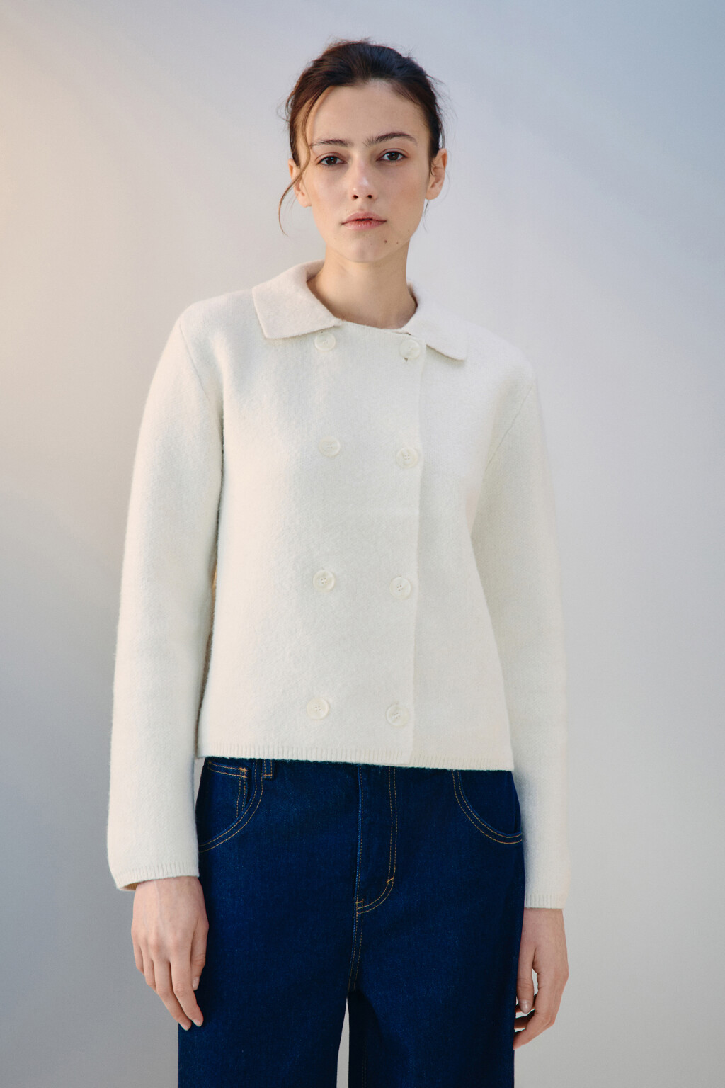 Кардиган-жакет двубортный с шерстью - цвет молочный - 2