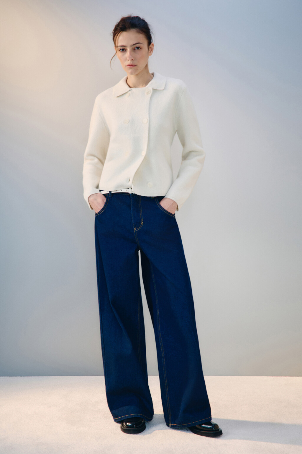 Кардиган-жакет двубортный с шерстью - цвет молочный - 4