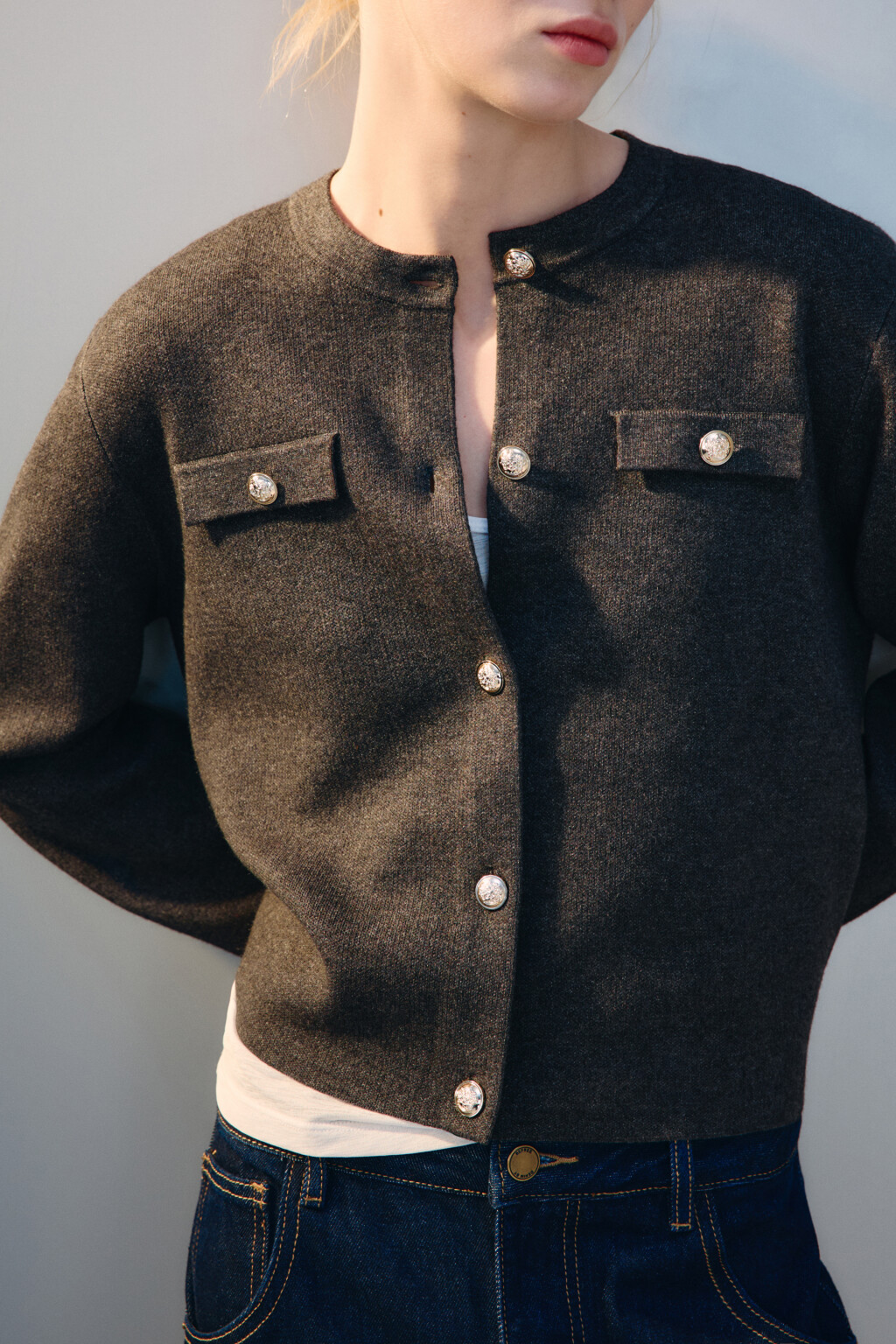 Кардиган жаккардовый на пуговицах - цвет серый - 1