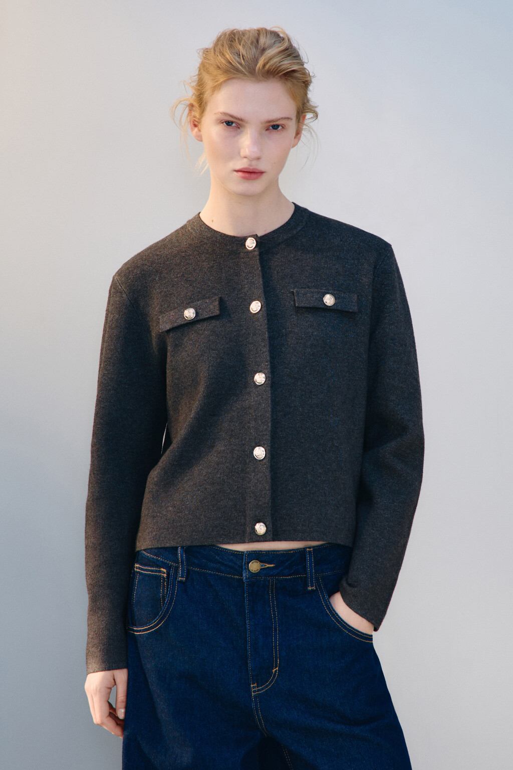 Кардиган жаккардовый на пуговицах - цвет серый - 3