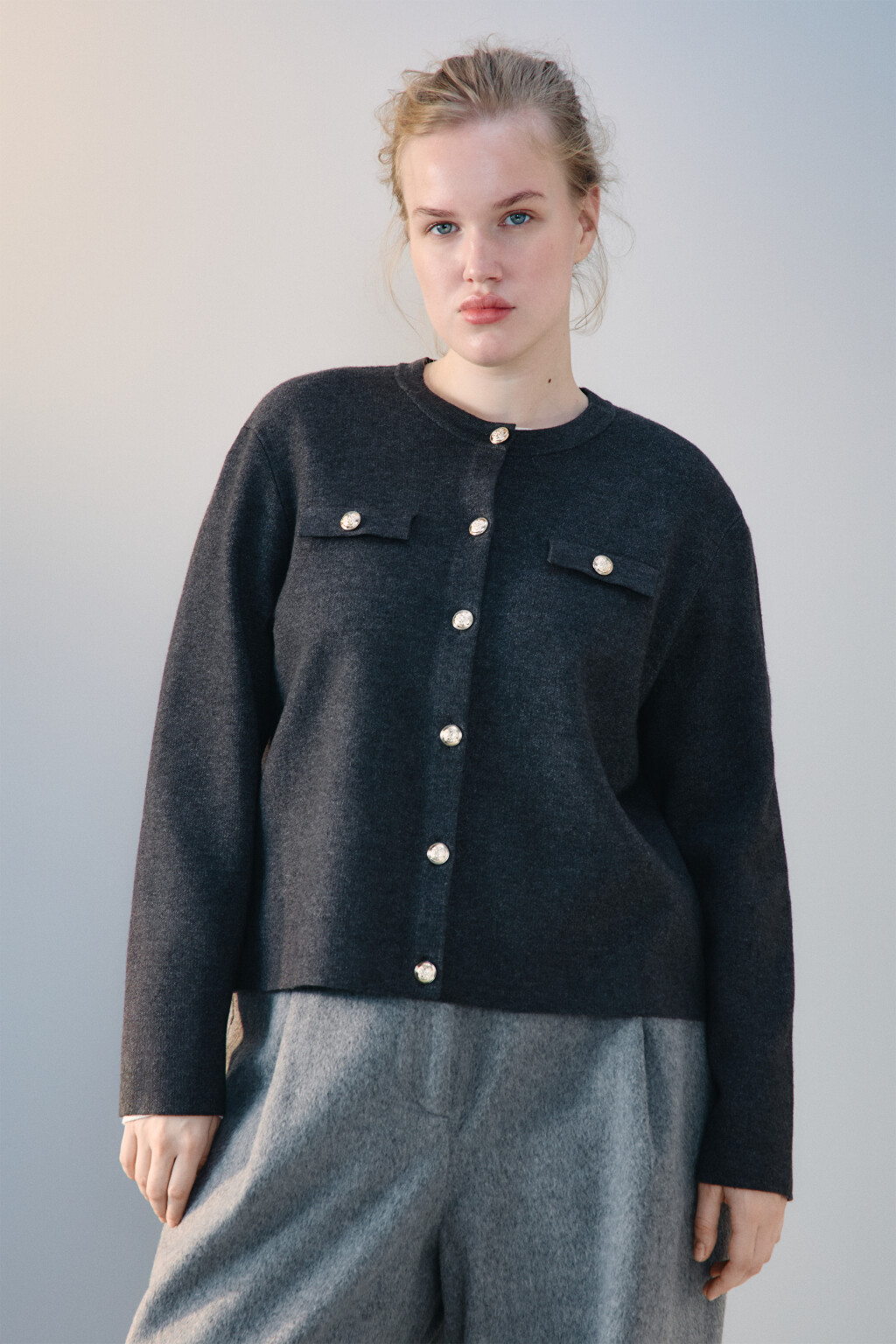 Кардиган жаккардовый на пуговицах - цвет серый - 3