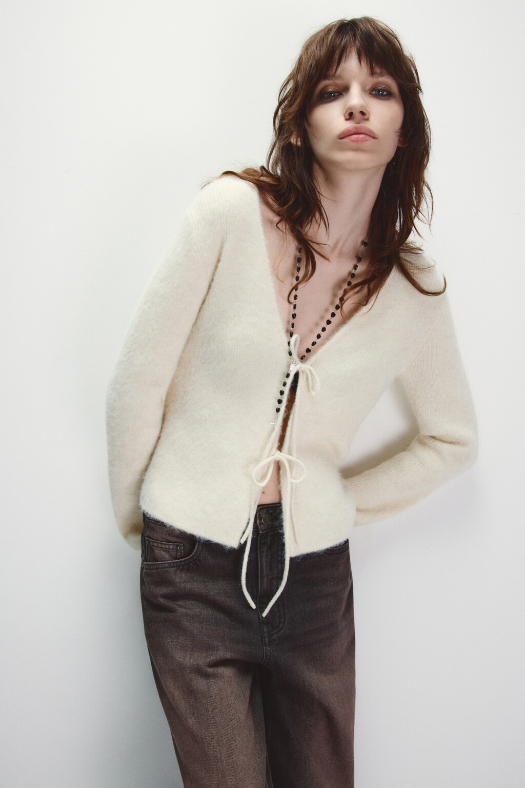 Кардиган на завязках с V-вырезом - цвет ванильный - 1