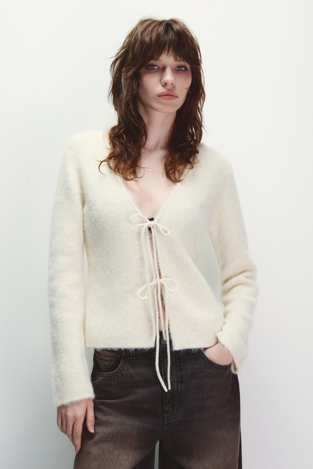 Кардиган на завязках с V-вырезом - цвет ванильный - 2
