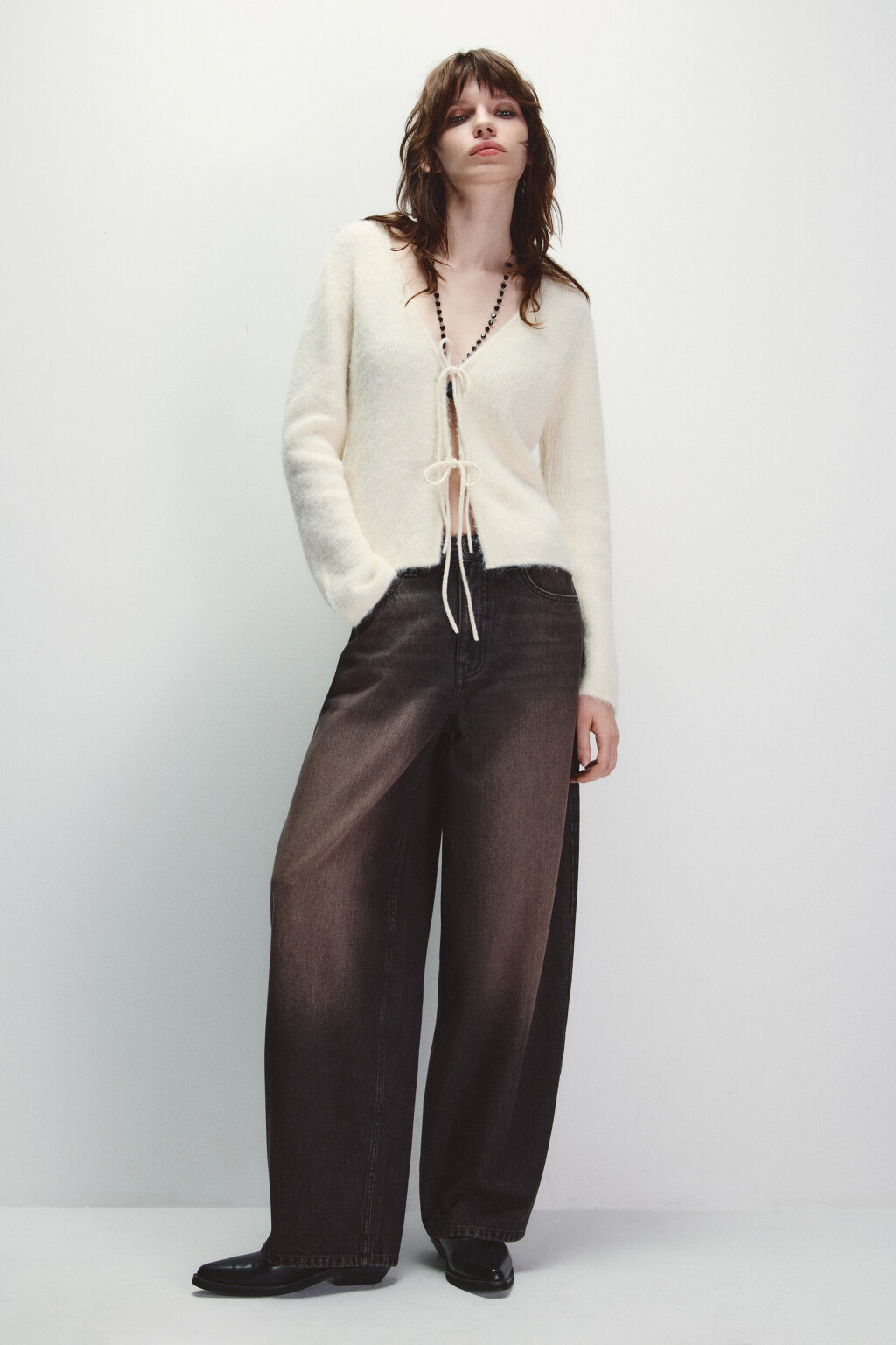 Кардиган на завязках с V-вырезом - цвет ванильный - 4