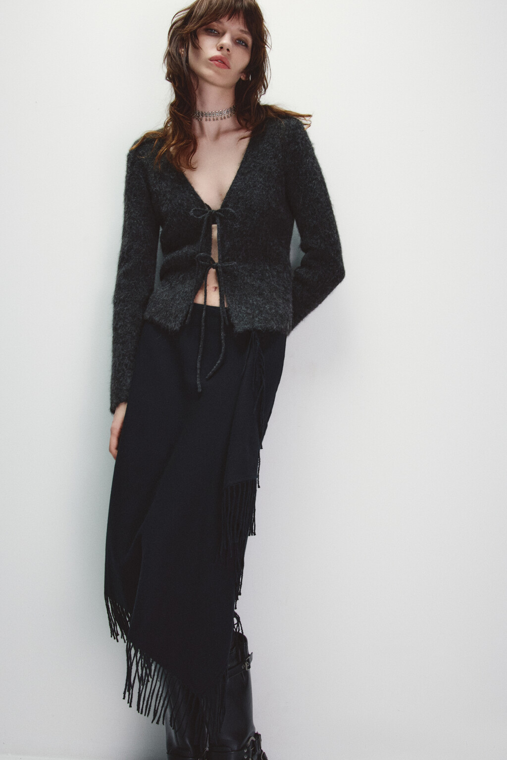 Кардиган на завязках с V-вырезом - цвет серый - 1