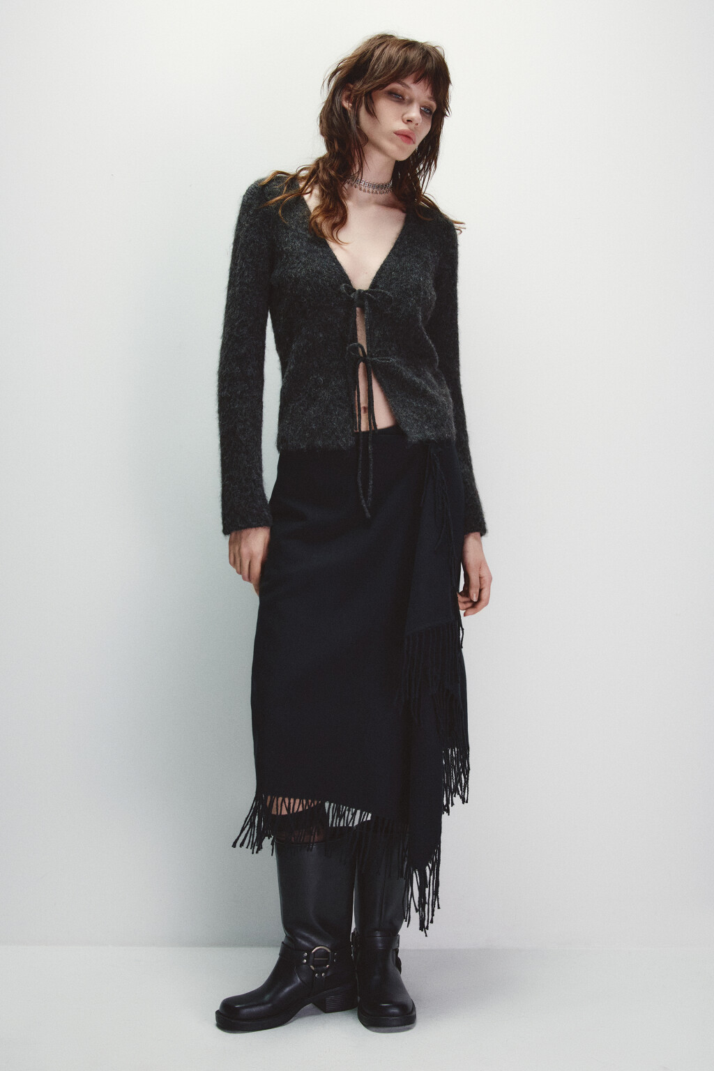 Кардиган на завязках с V-вырезом - цвет серый - 4