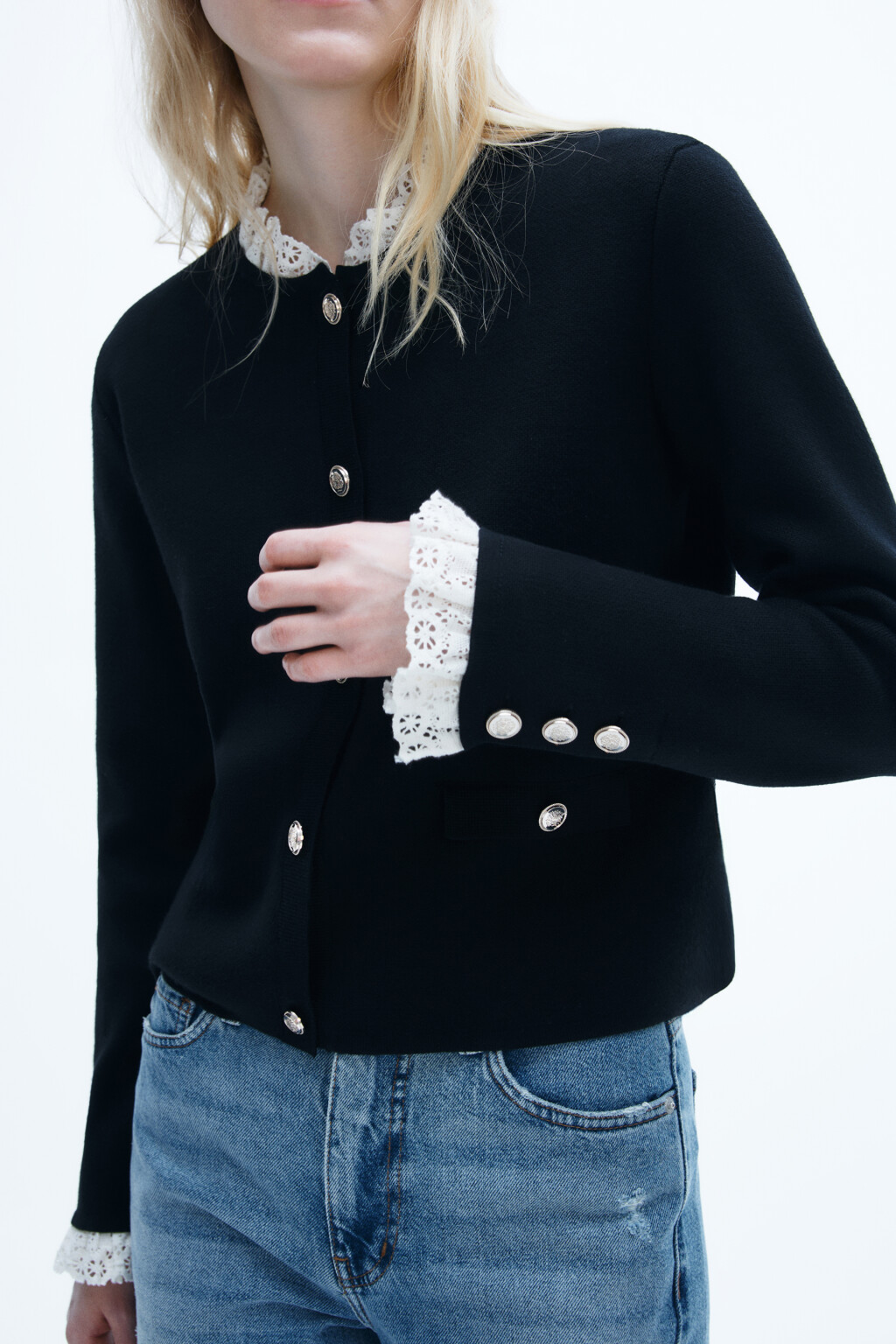 Кардиган-жакет с кружевной отделкой - цвет черный - 1