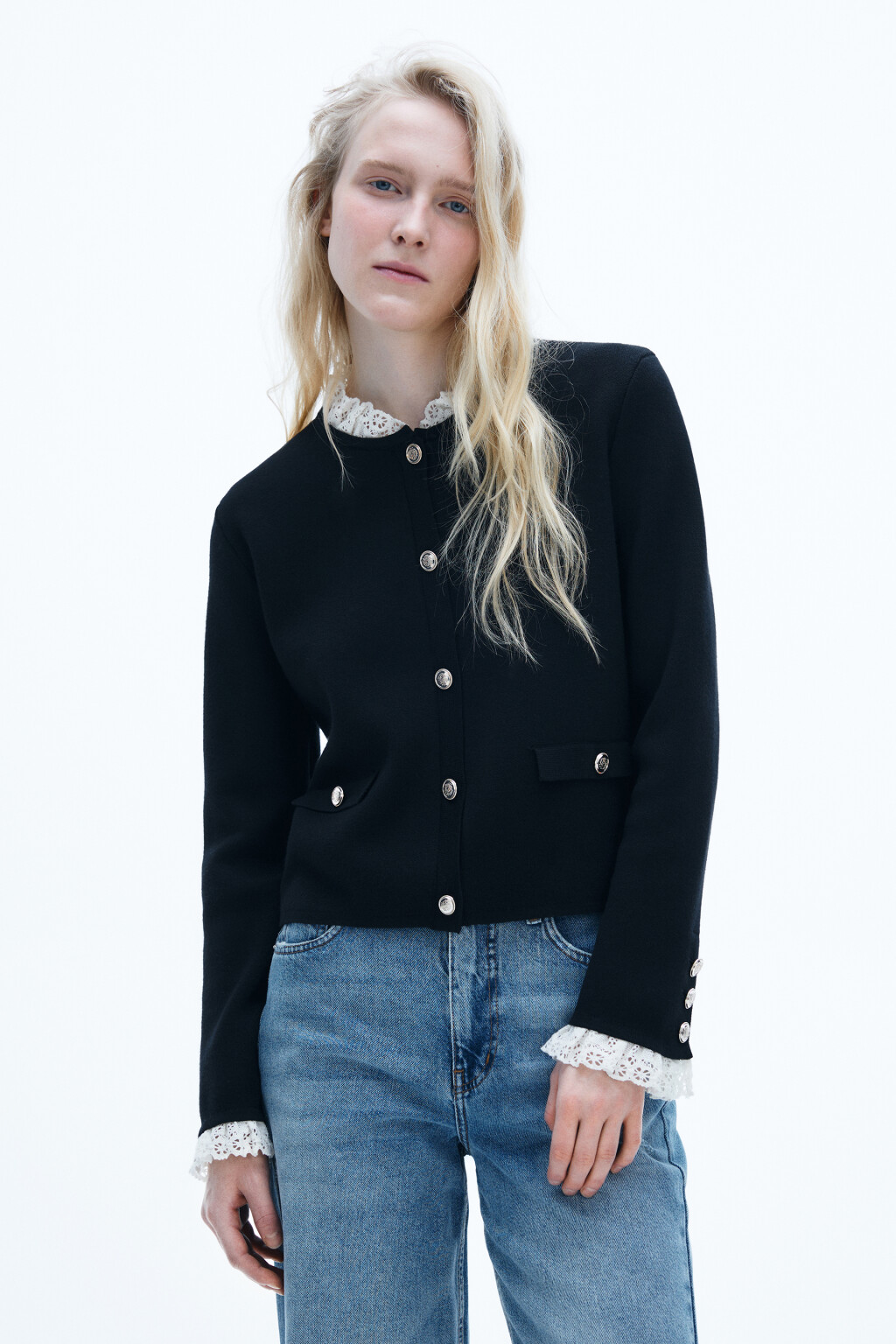 Кардиган-жакет с кружевной отделкой - цвет черный - 2