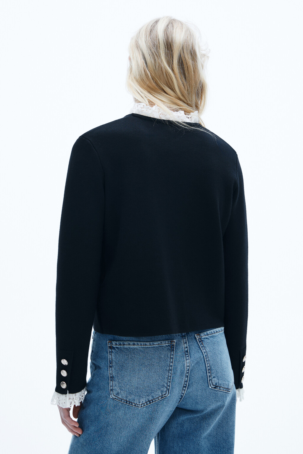 Кардиган-жакет с кружевной отделкой - цвет черный - 3