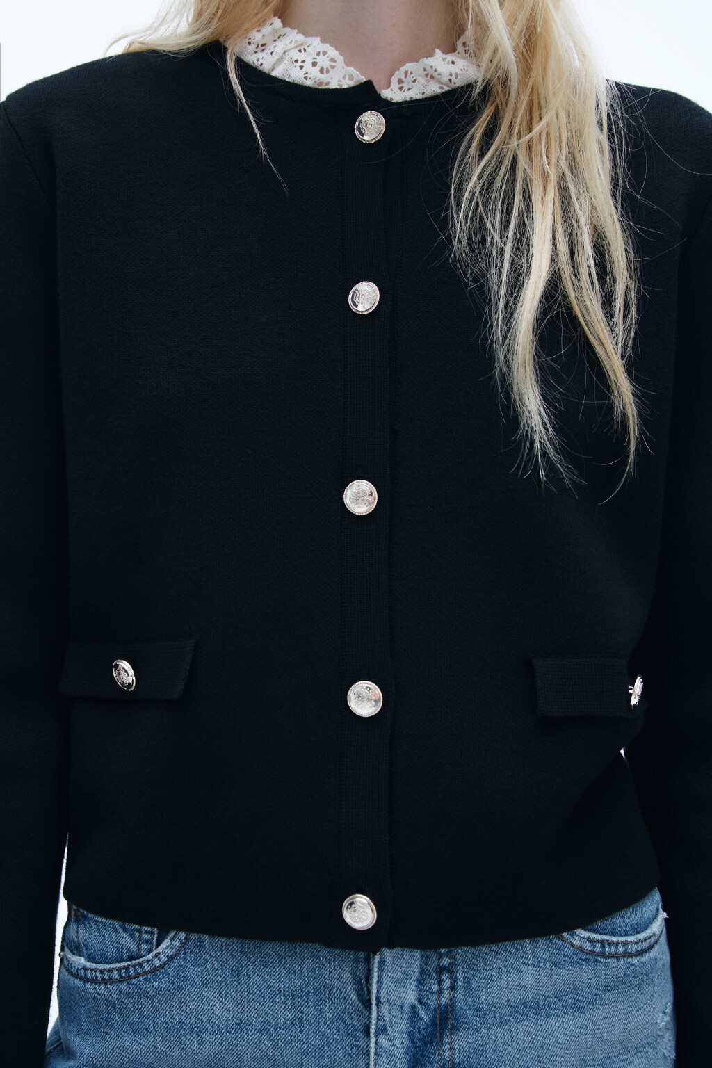 Кардиган-жакет с кружевной отделкой - цвет черный - 5