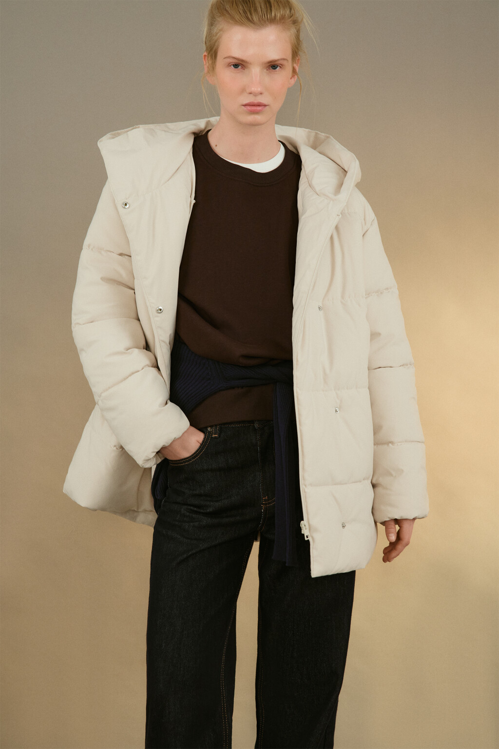 Куртка стеганая с капюшоном и поясом - цвет молочный - 1