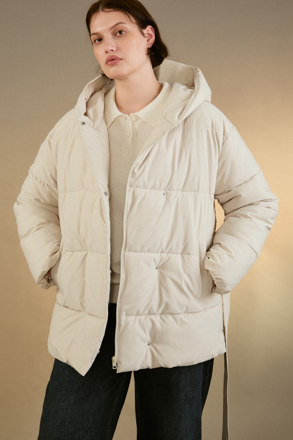 Куртка стеганая с капюшоном и поясом - цвет молочный - 1