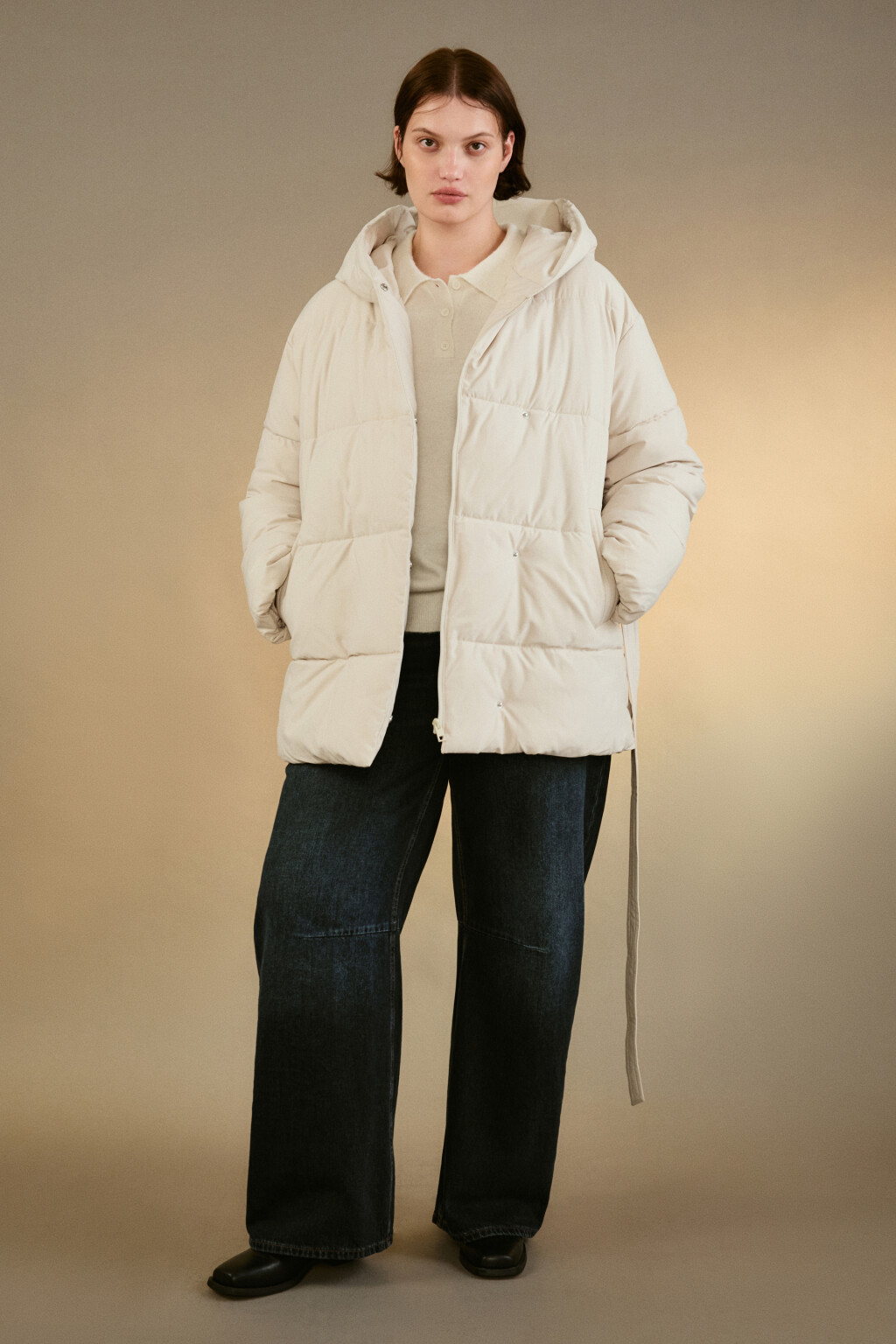 Куртка стеганая с капюшоном и поясом - цвет молочный - 4
