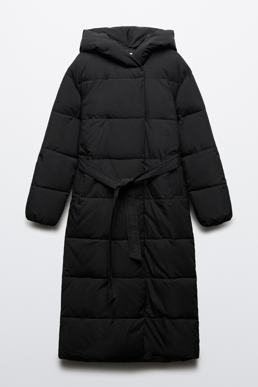 Пальто стеганое с капюшоном и поясом - цвет черный - 8