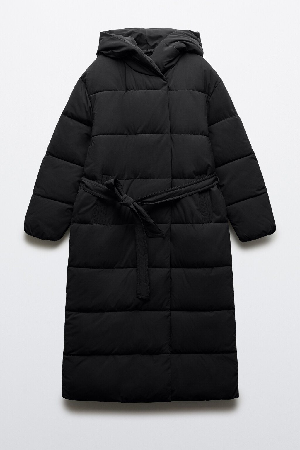 Пальто стеганое с капюшоном и поясом - цвет черный - 8