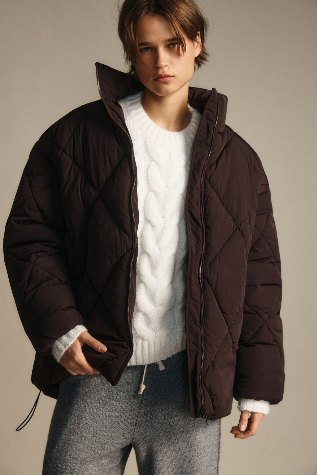 Куртка стеганая со стойкой - цвет коричневый - 1