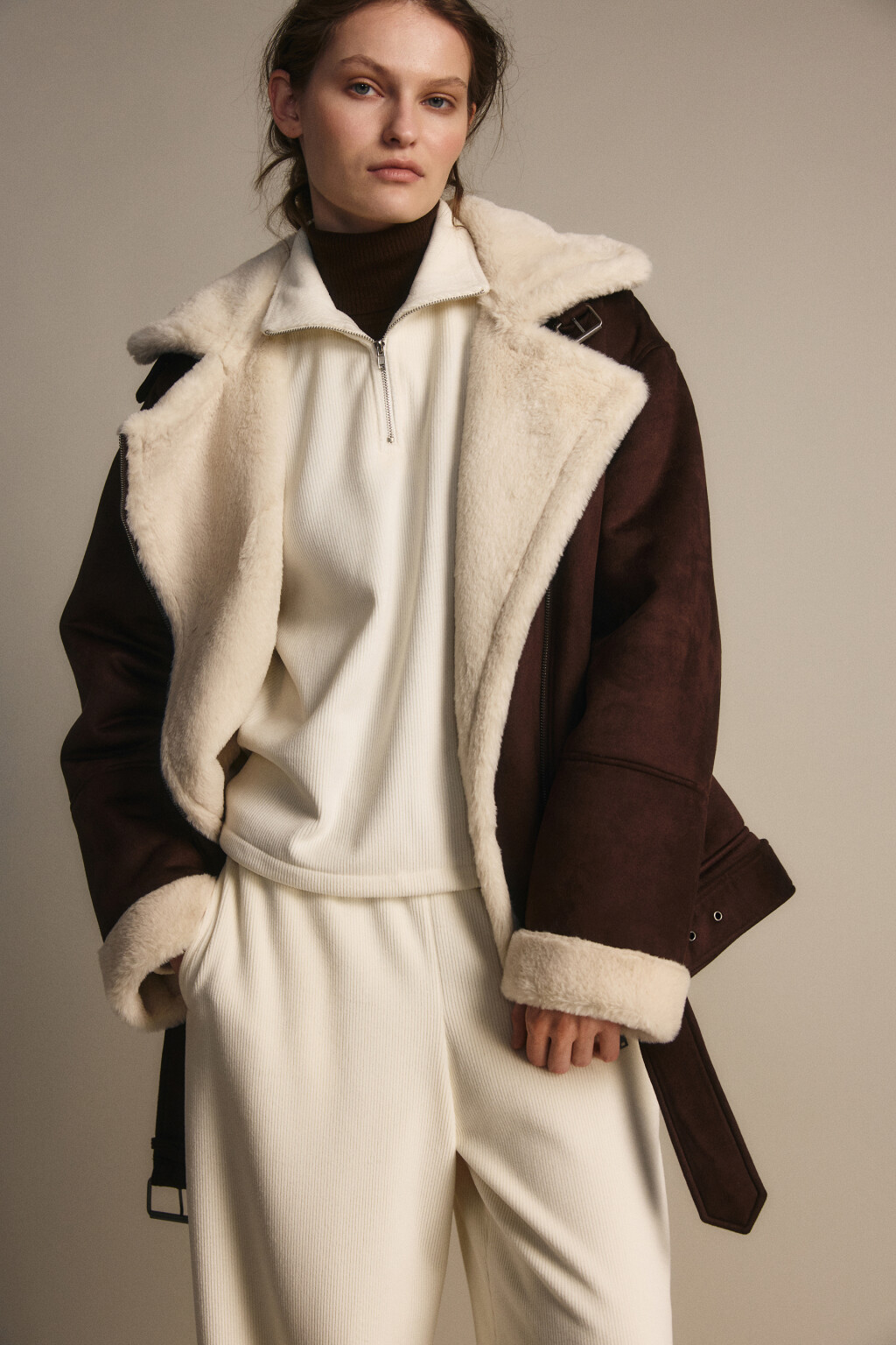 Дубленка-косуха с широким воротником - цвет коричневый - 1