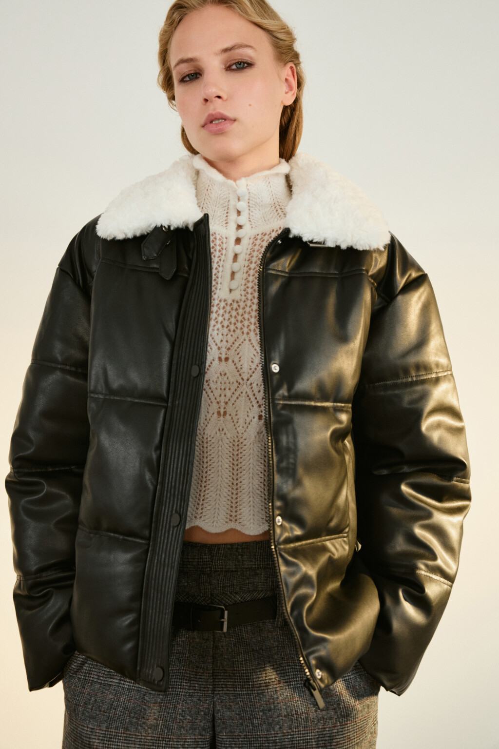 Куртка стеганая с воротником-авиатор - цвет черный - 1