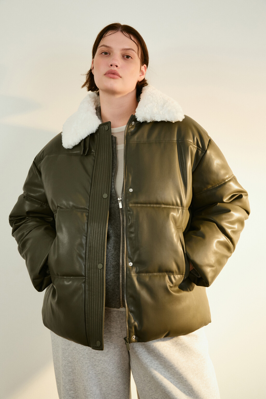 Куртка стеганая с воротником-авиатор - цвет зеленый - 2