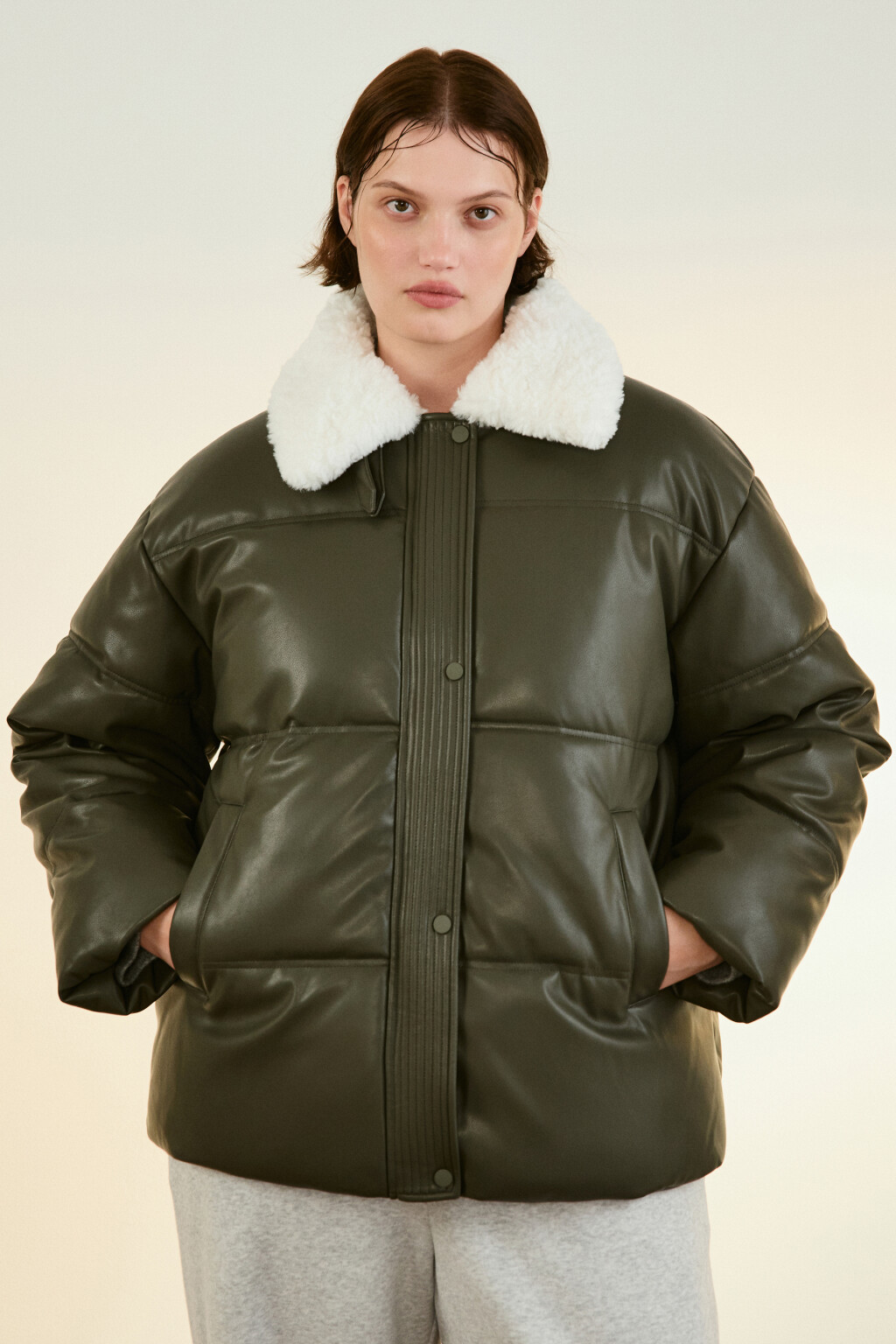 Куртка стеганая с воротником-авиатор - цвет зеленый - 3