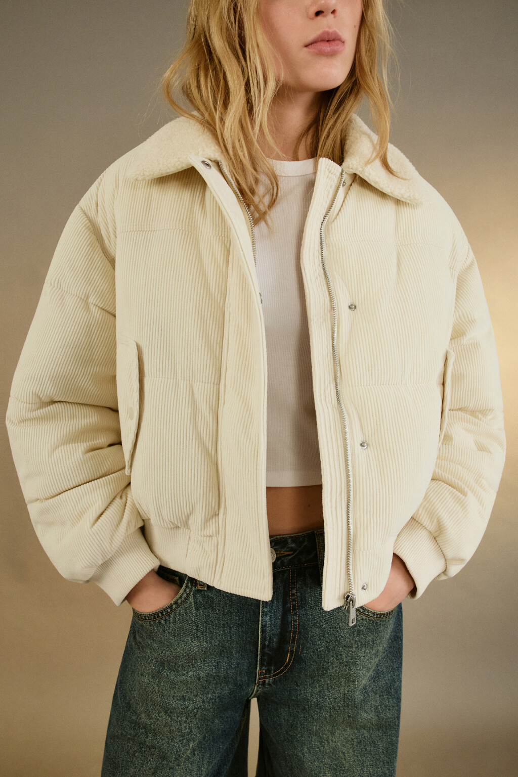 Куртка-бомбер стеганая вельветовая - цвет молочный - 1