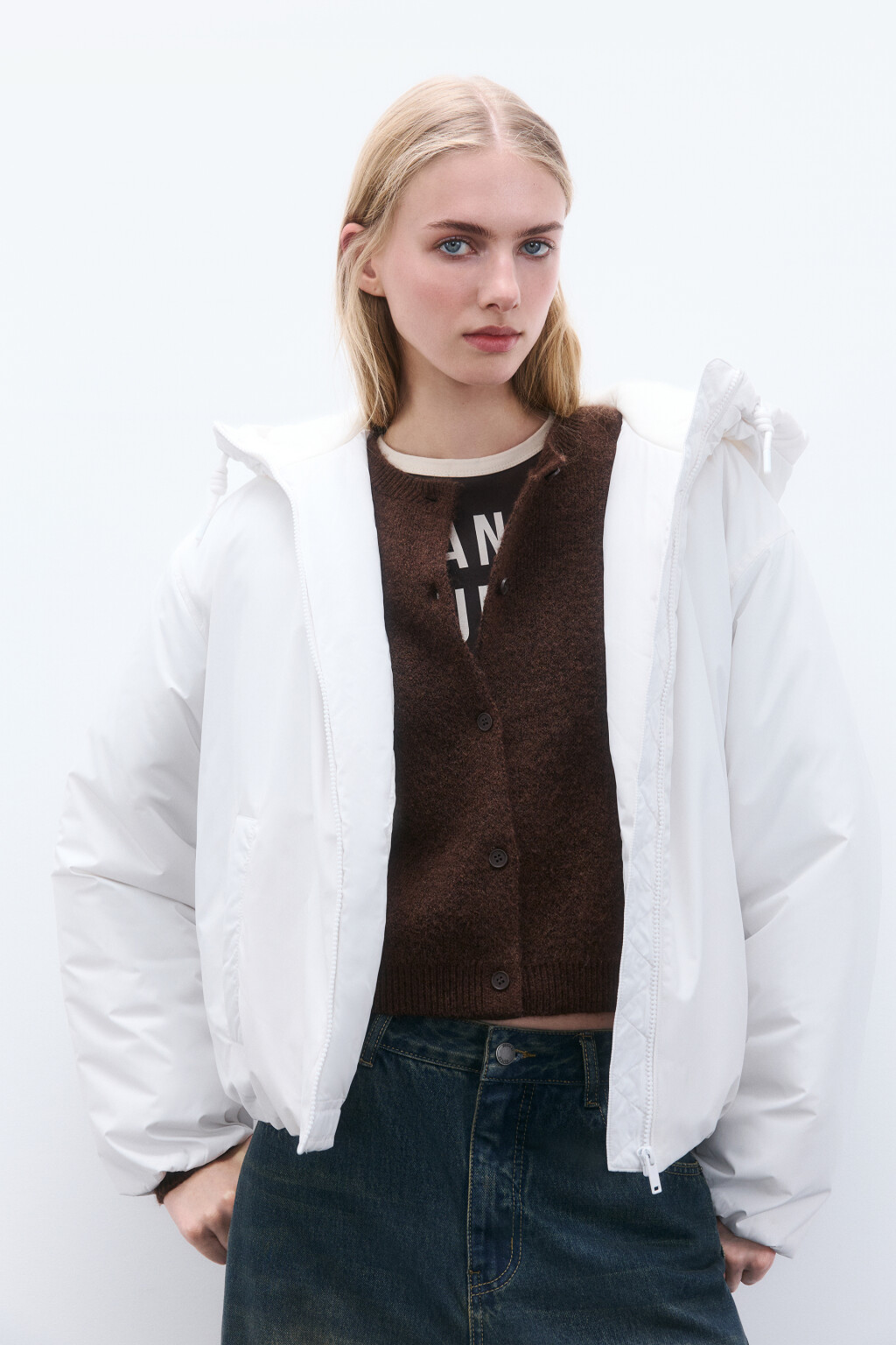 Куртка утепленная с капюшоном - цвет молочный - 1