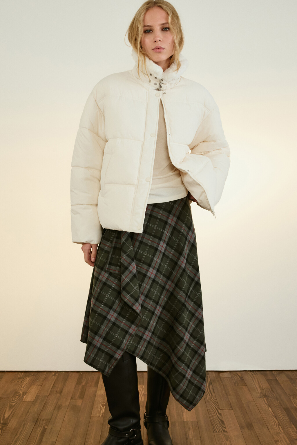 Куртка стеганая с воротником-авиатор - цвет молочный - 1