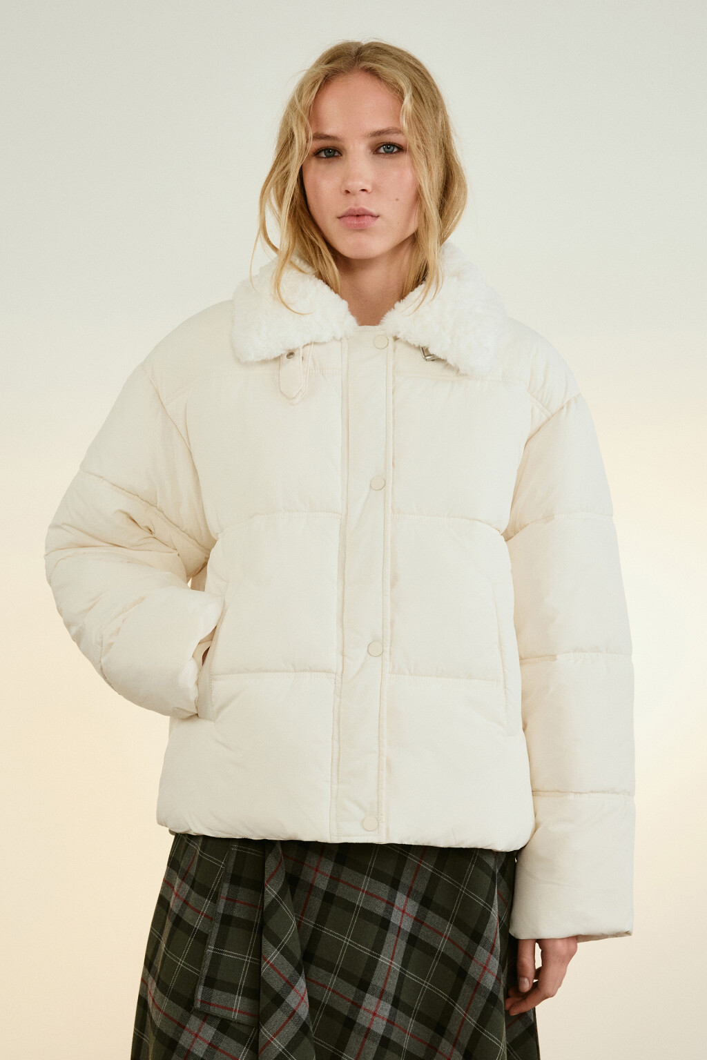Куртка стеганая с воротником-авиатор - цвет молочный - 2