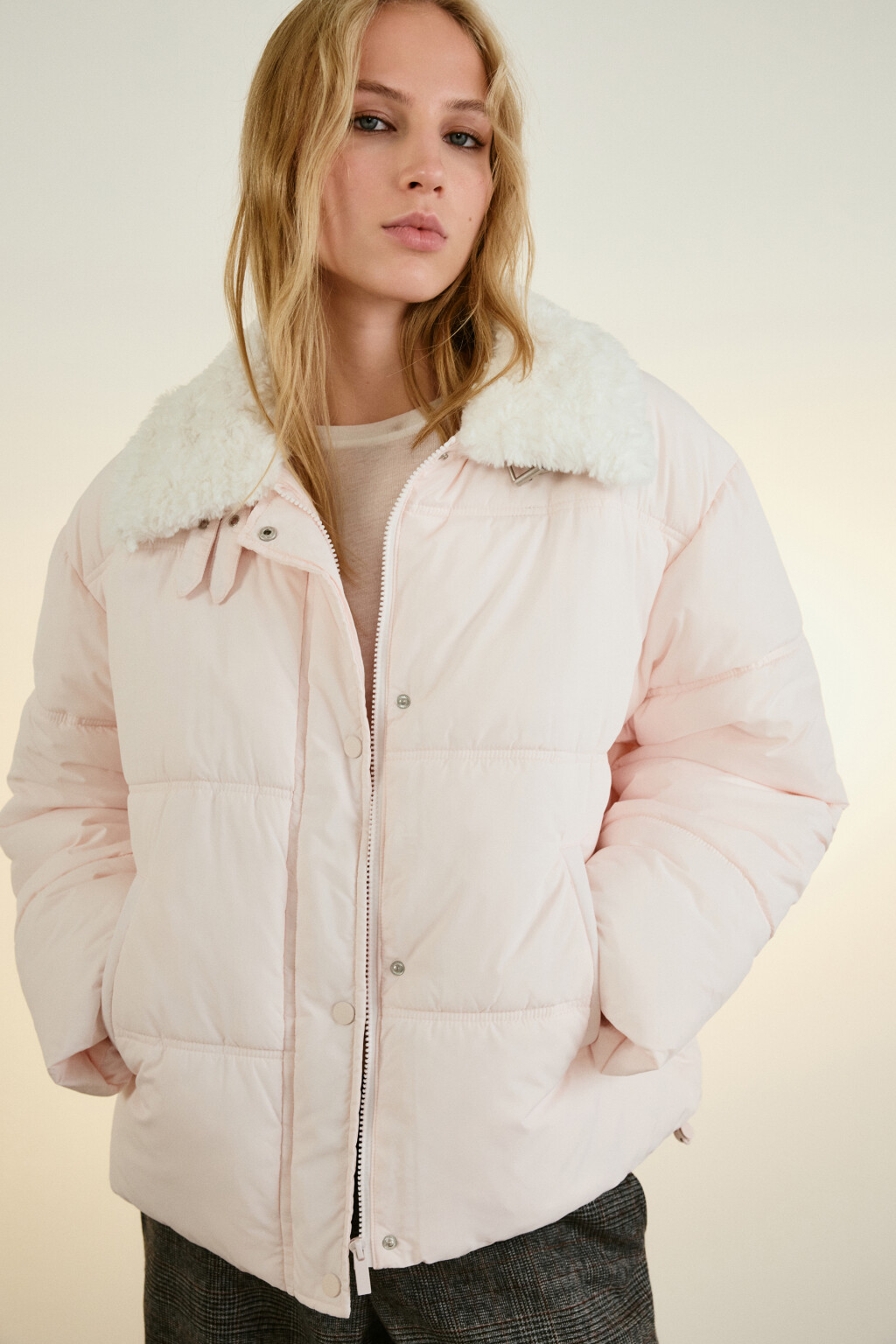 Куртка стеганая с воротником-авиатор - цвет розовый - 1