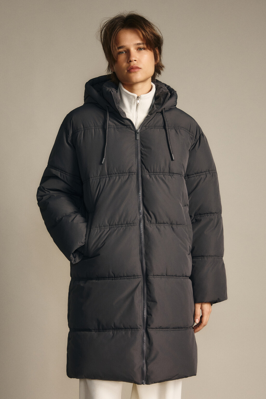 Куртка длинная стеганая с капюшоном - цвет серый - 3