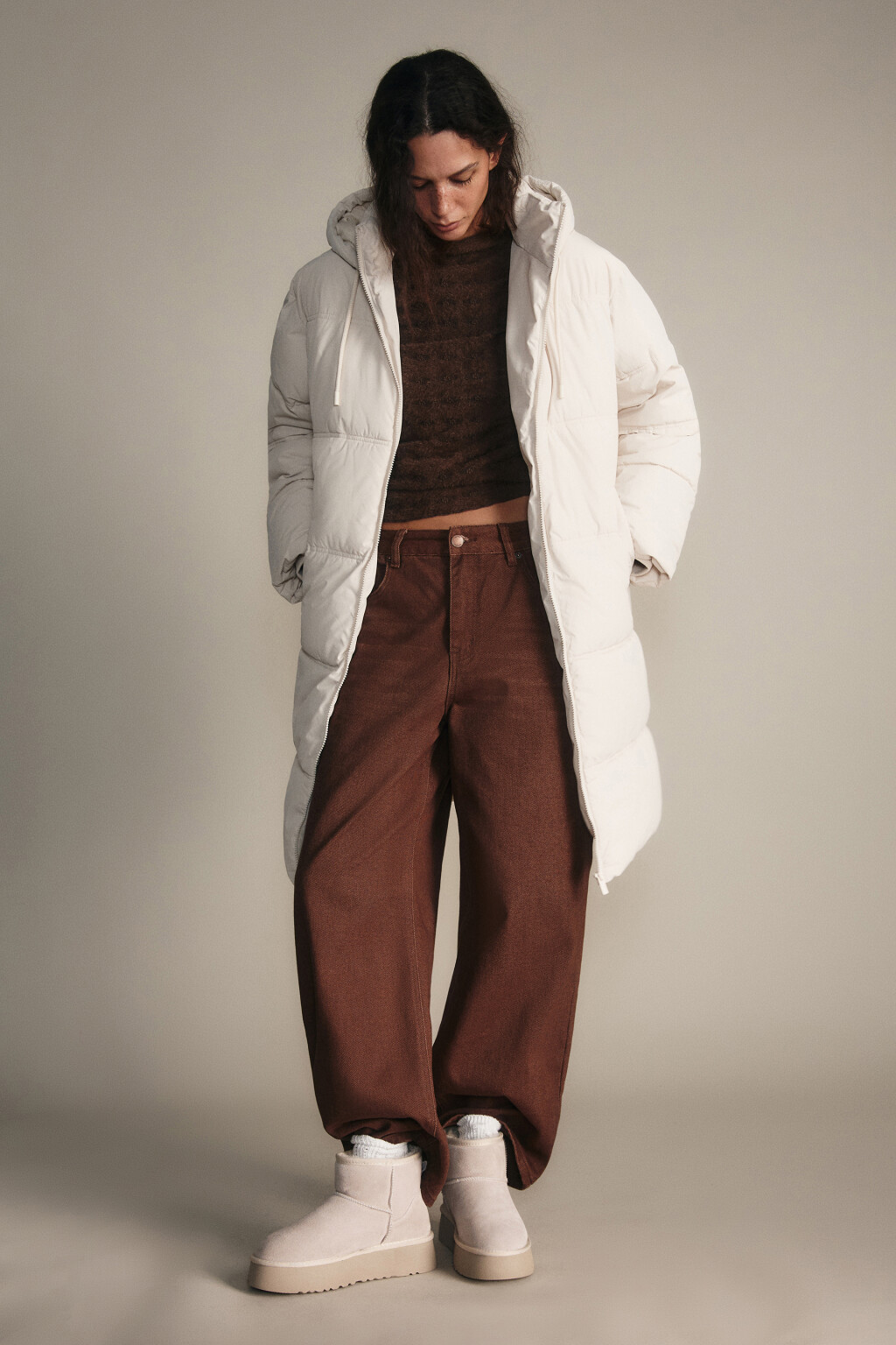 Куртка длинная стеганая с капюшоном - цвет молочный - 4