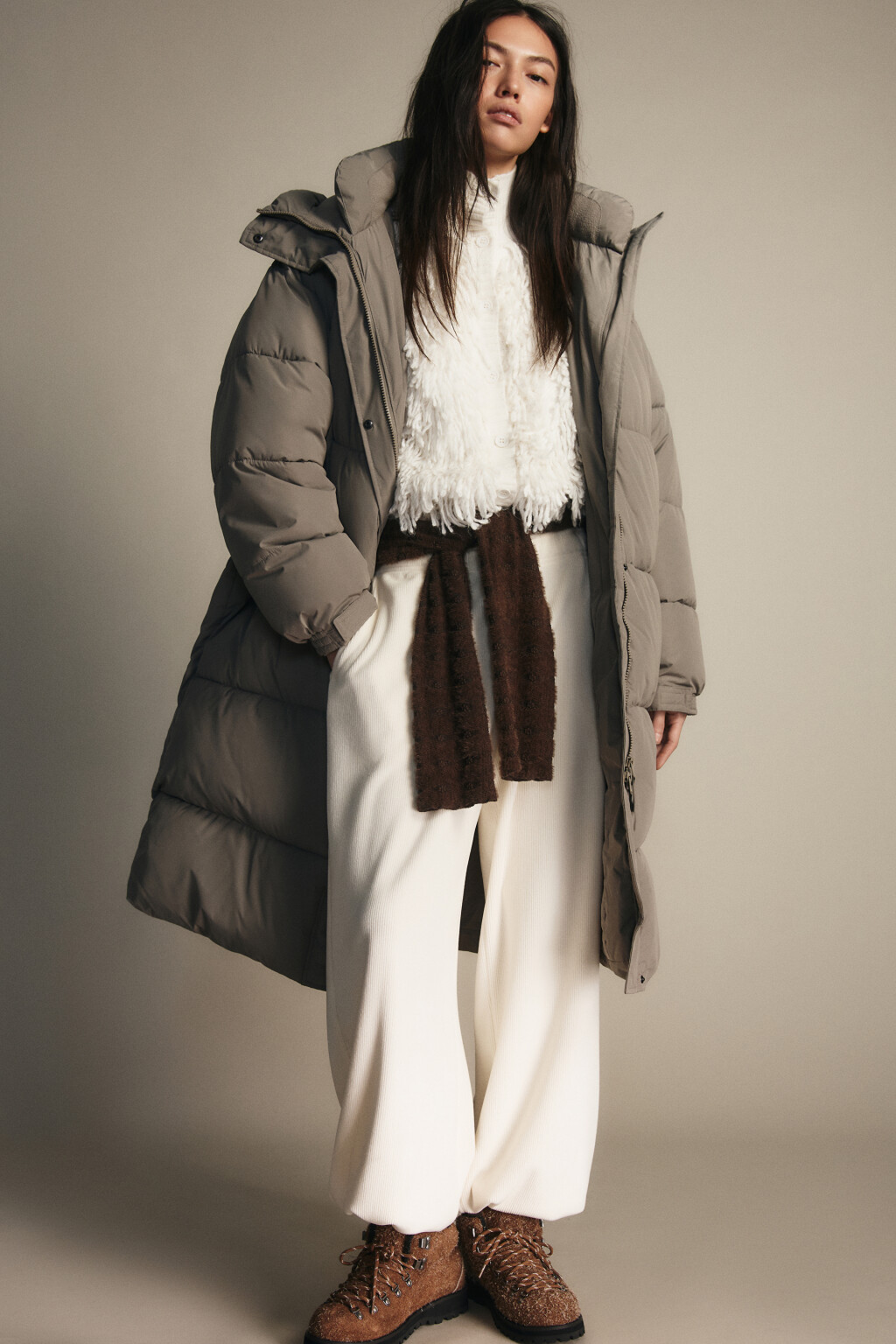 Пальто стеганое с теплым капюшоном - цвет бежевый - 1