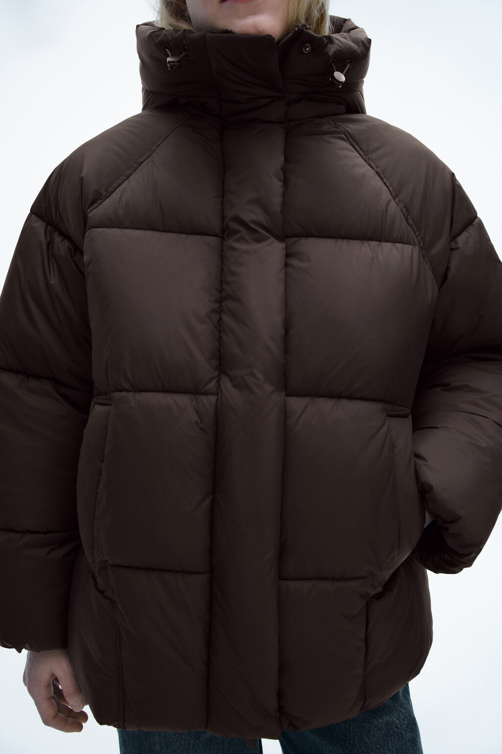Куртка короткая стеганая с капюшоном - цвет коричневый - 1