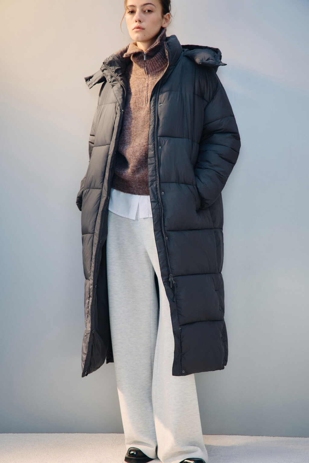 Пальто стеганое с капюшоном - цвет серый - 1