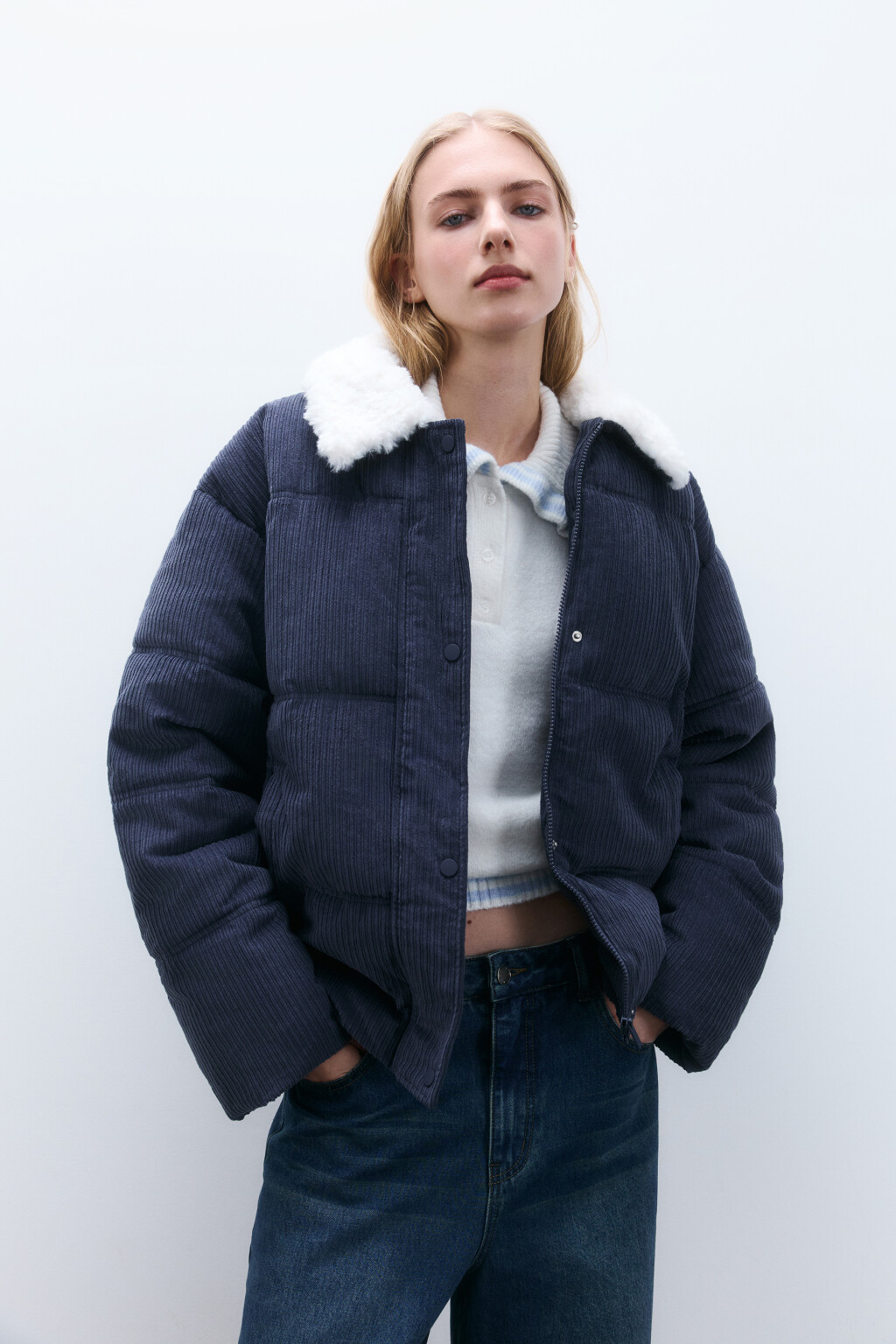 Куртка вельветовая с меховым воротником - цвет серый - 1