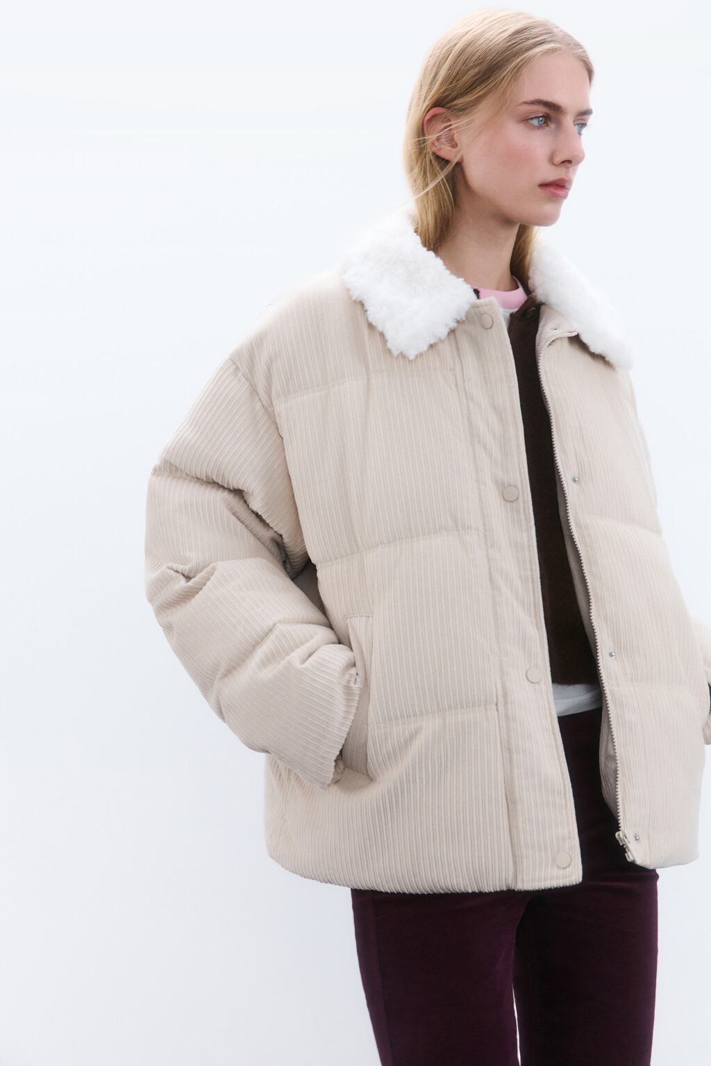 Куртка вельветовая с меховым воротником - цвет молочный - 1