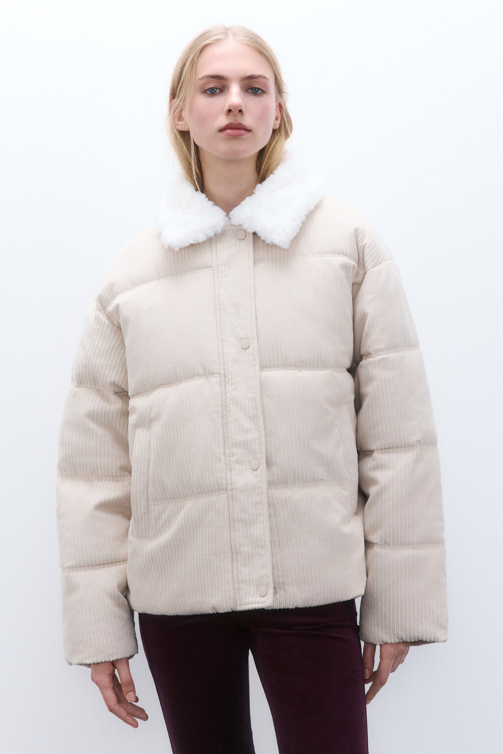 Куртка вельветовая с меховым воротником - цвет молочный - 2