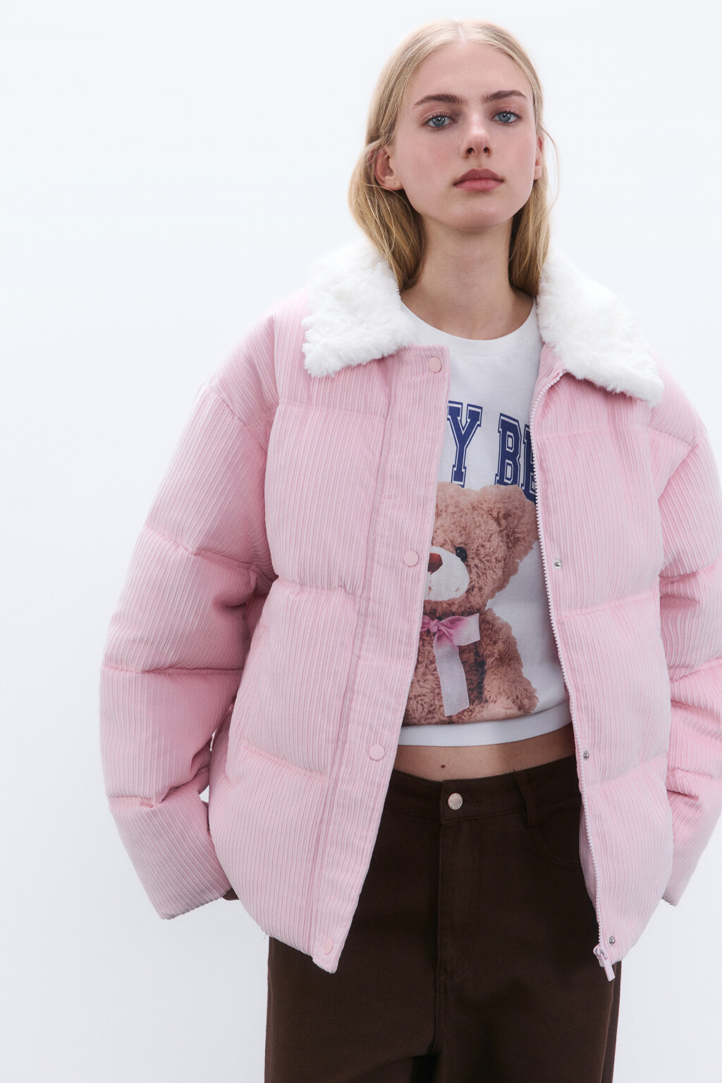 Куртка вельветовая с меховым воротником - цвет розовый - 1