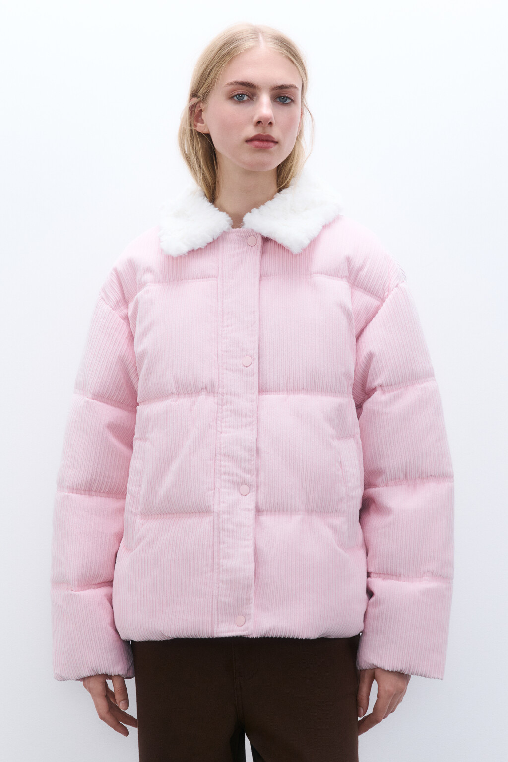 Куртка вельветовая с меховым воротником - цвет розовый - 2