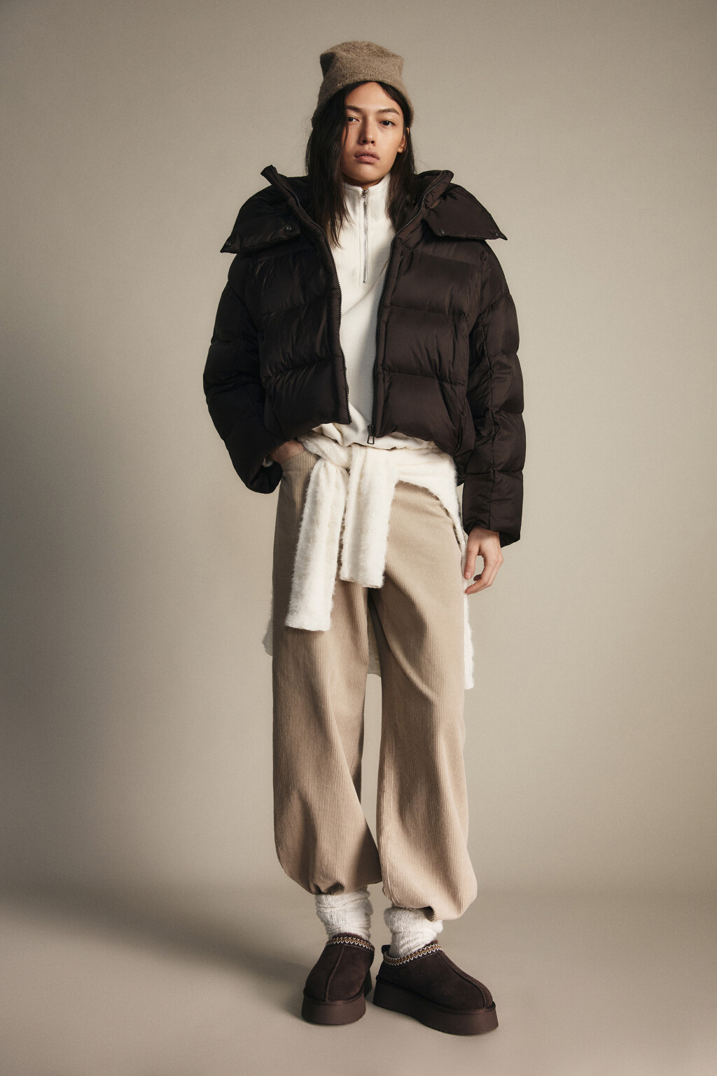 Куртка короткая стеганая с капюшоном - цвет коричневый - 8